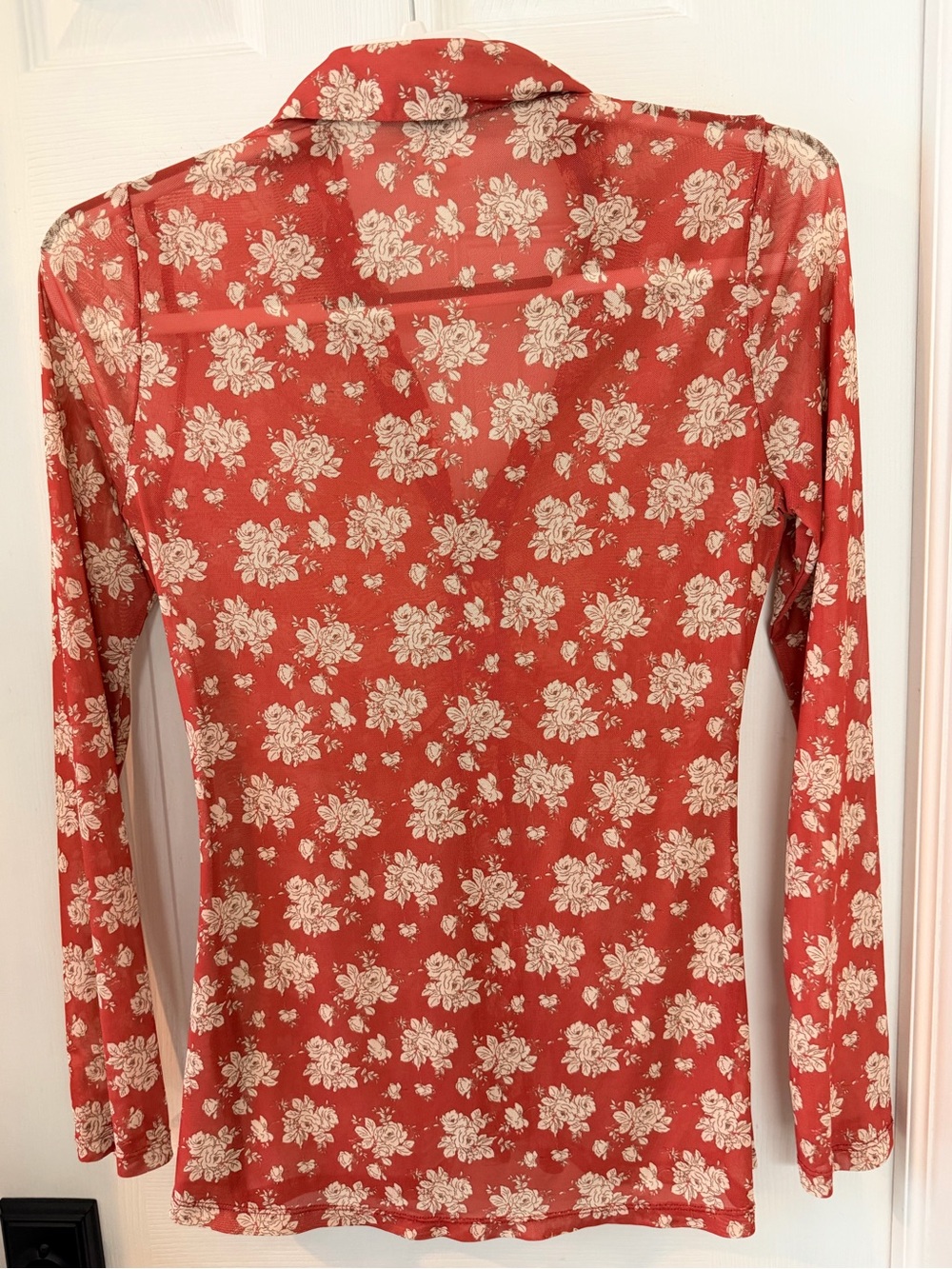 Altar’d State Red Floral Mesh Ruched Button Front Top - Picture 7 of 7